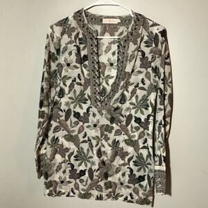 Tory Burch embellished botanical print v neck long sleeve womens tunic top S